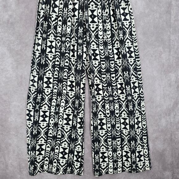 Black White Wide Leg Pullon Boho Beach Funky Print Bottoms Pants Medium - Picture 4 of 5